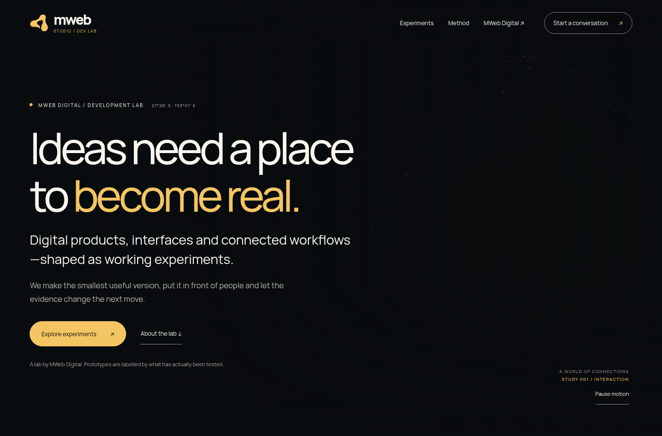 MWeb Studio connected-world visual running on the homepage