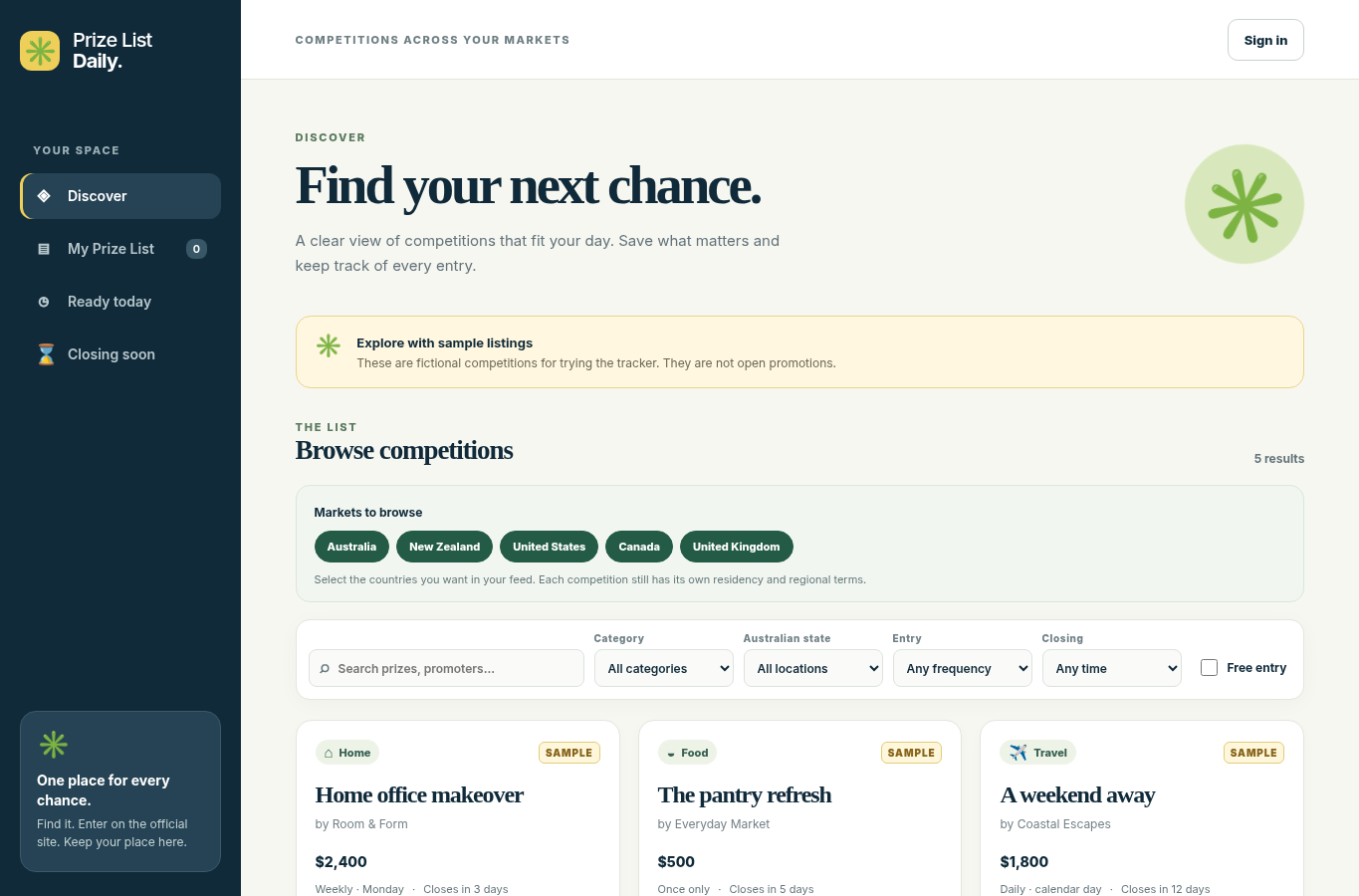 Prize List Daily local discovery screen with fictional sample listings